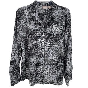 Chico’s Button Up Black/Gray Animal Print Blouse - US Sz XL/16 / Chico's Sz 3
